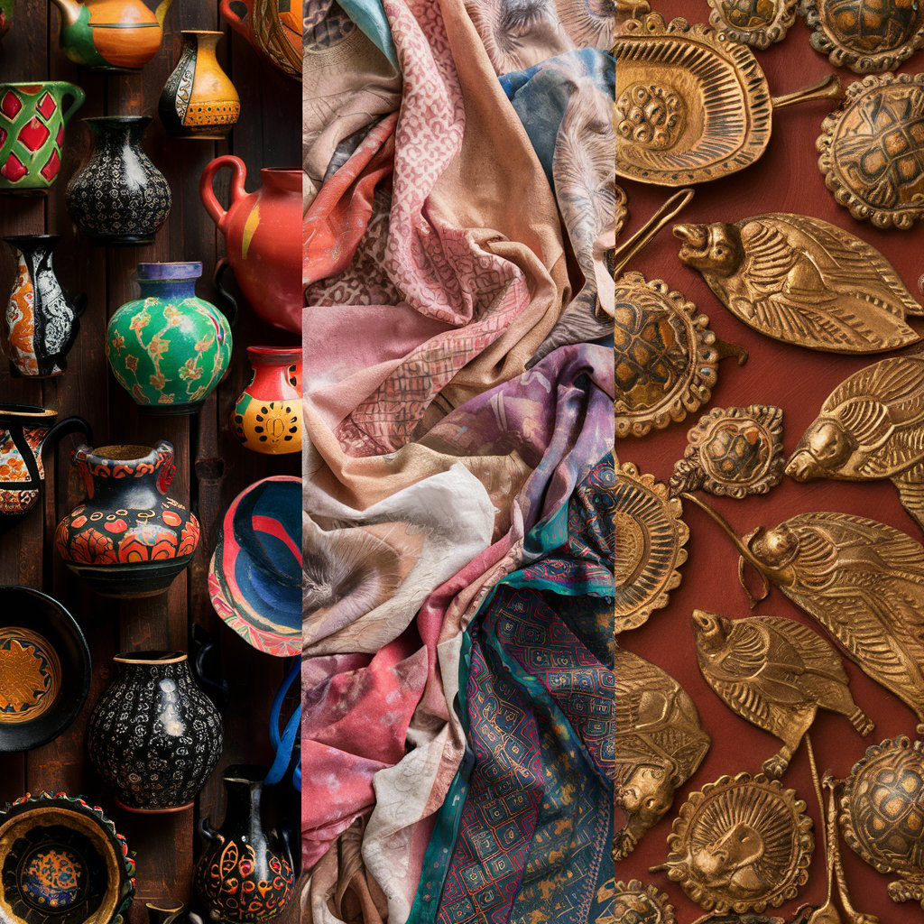 A beautifully arranged assortment of traditional Indian handicrafts displayed in vibrant colors and intricate designs. Featured items include black pottery from Kutch, ornate Pashmina shawls from Kashmir, and elaborate Dhokra metalwork from Chhattisgarh. These handmade artifacts illustrate the rich cultural heritage and skilled craftsmanship of various Indian handicraft clusters.